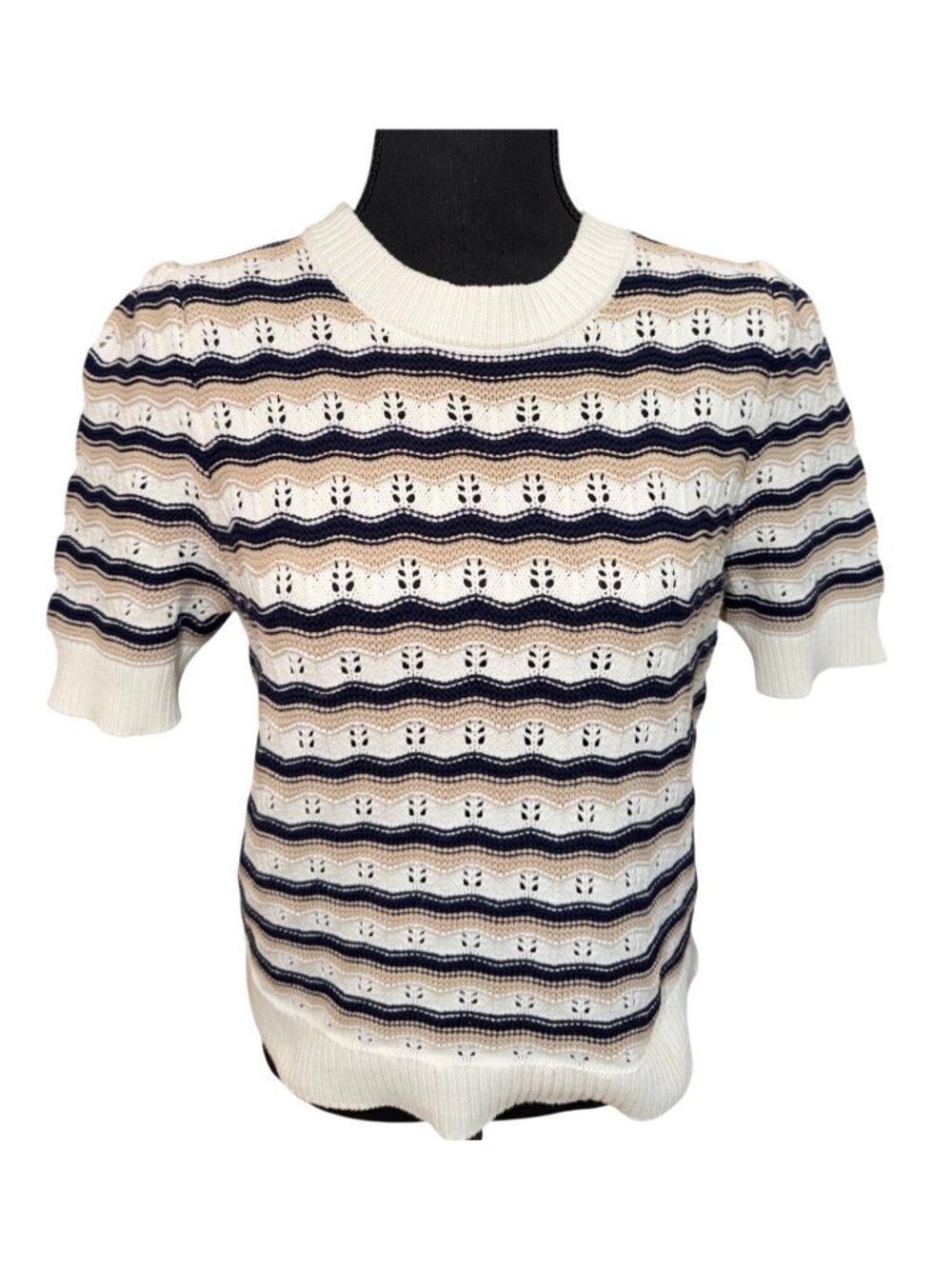 Marled Women Knit Short Sleeve Sweater M Beige Navy White Stripe Nautical Preppy - Picture 2 of 12